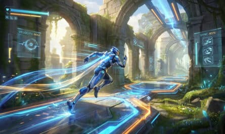 Blue cybernetic runner dashes through ancient ruins with glowing futuristic paths and holographic RPG interface elements.