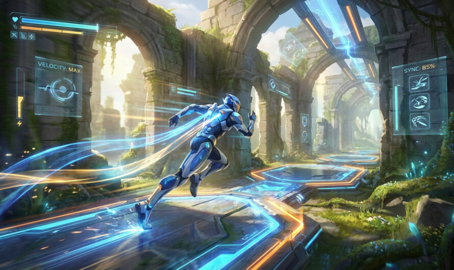 Blue cybernetic runner dashes through ancient ruins with glowing futuristic paths and holographic RPG interface elements.