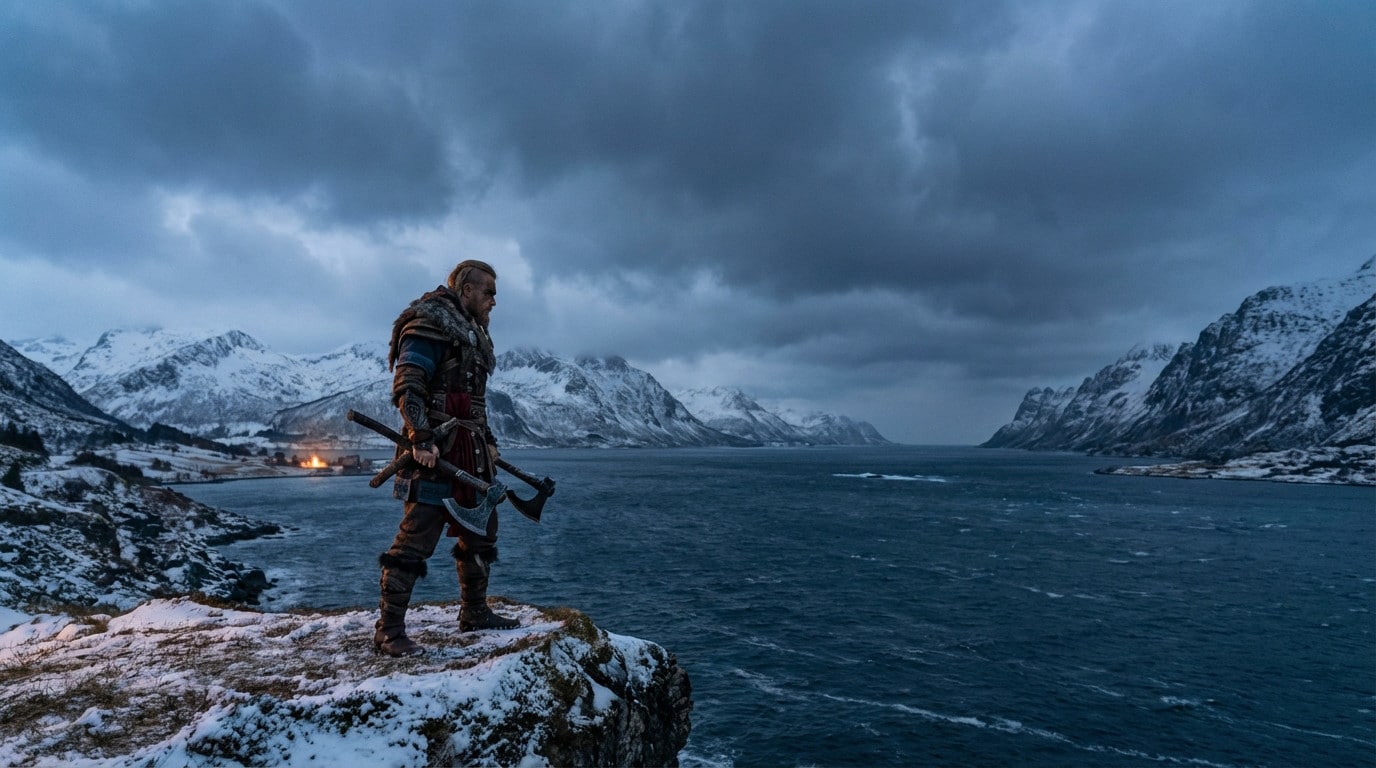 Photorealistic image of a Viking warrior in armor on a snowy cliff, holding axes, overlooking an icy fjord and mountains at dusk.