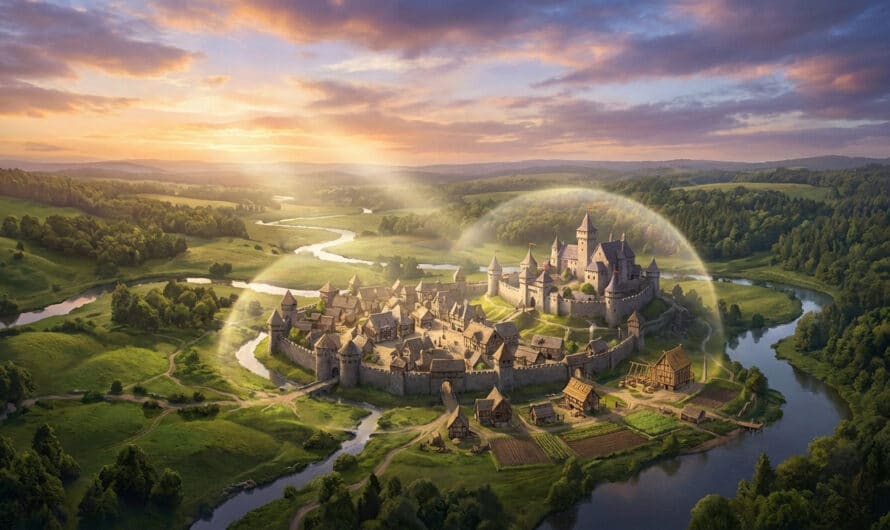 Vista aérea de uma vila medieval fortificada com castelo, cercada por colinas verdes e rio sinuoso, sob o brilho etéreo do amanhecer.