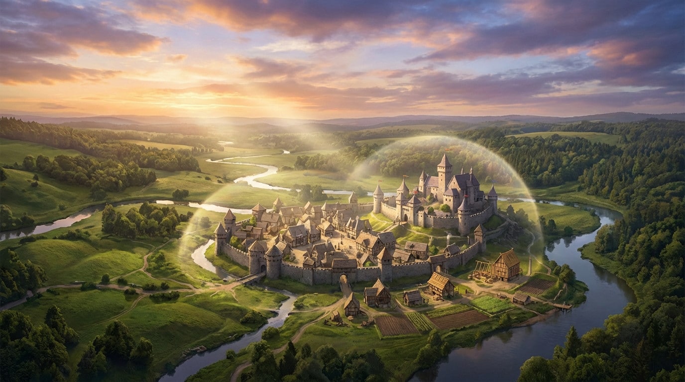 Vista aérea de uma vila medieval fortificada com castelo, cercada por colinas verdes e rio sinuoso, sob o brilho etéreo do amanhecer.