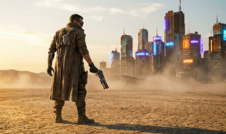 A lone figure with a cybernetic arm and energy weapon stands in a cracked desert, facing a dystopian city at dusk.