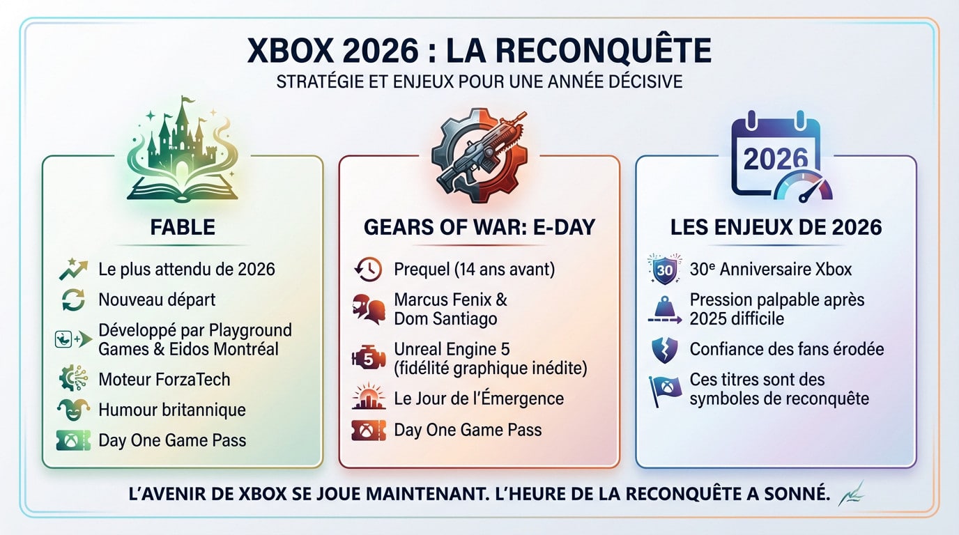 Aperçu des jeux exclusifs Xbox 2026 avec Fable et Gears of War marquant la reconquête