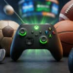 A vibrant Xbox controller glowing green, surrounded by a soccer ball, basketball, American football, golf club, and racing tire, against a blurred stadium background.