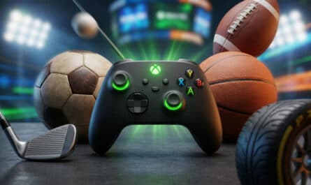 A vibrant Xbox controller glowing green, surrounded by a soccer ball, basketball, American football, golf club, and racing tire, against a blurred stadium background.