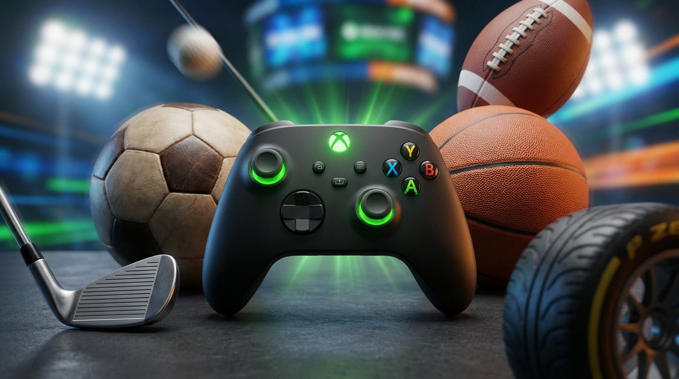 A vibrant Xbox controller glowing green, surrounded by a soccer ball, basketball, American football, golf club, and racing tire, against a blurred stadium background.