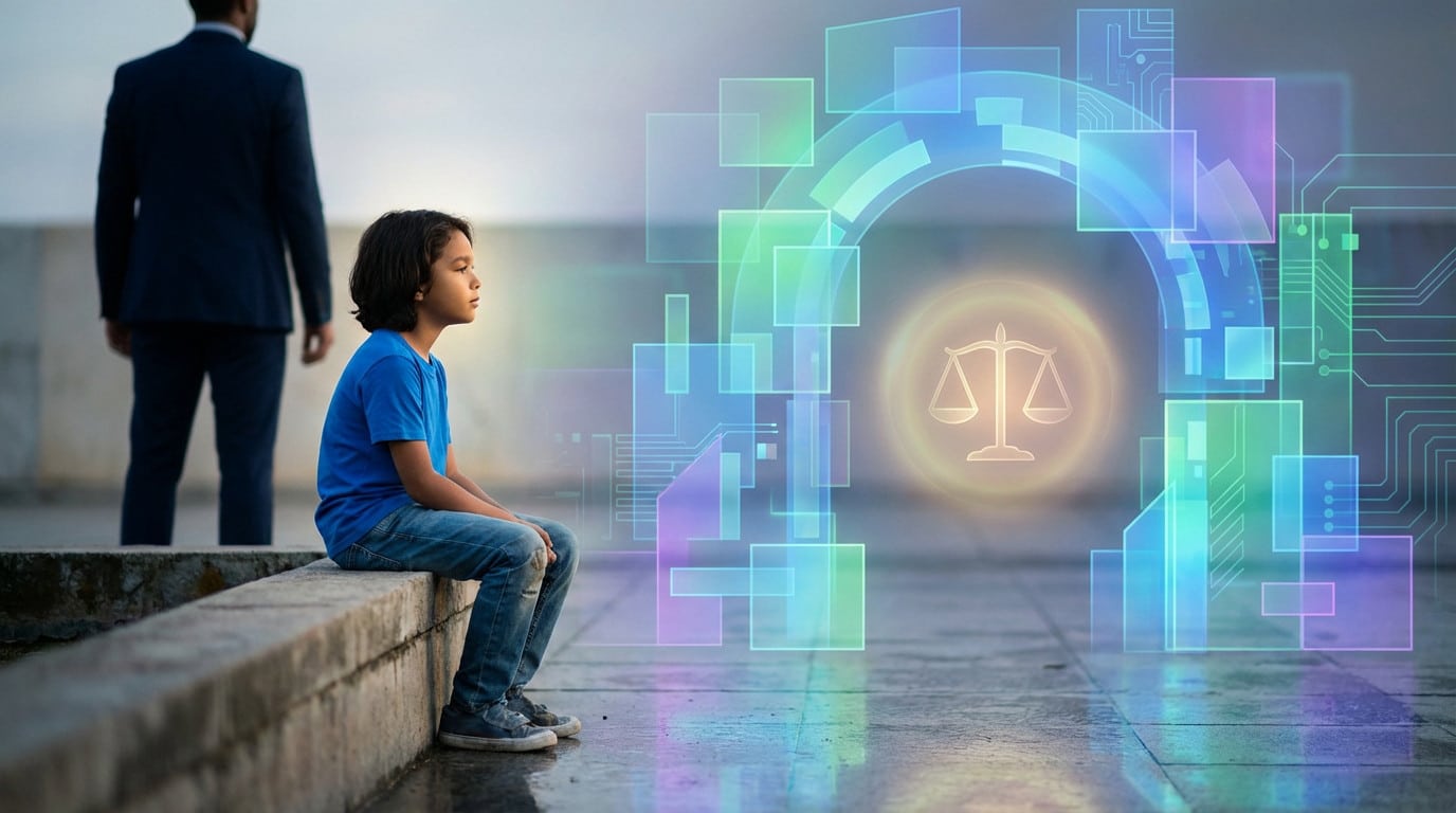 A child sits, gazing at a vibrant digital world with a glowing balance scale, while a blurred adult figure stands protectively behind.
