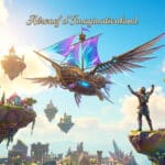 Scène de jeu fantaisiste : îles flottantes, aéronef vibrant, et un aventurier célébrant un triomphe sous un ciel lumineux.