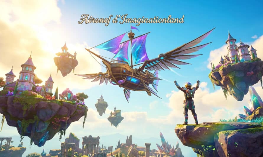 Scène de jeu fantaisiste : îles flottantes, aéronef vibrant, et un aventurier célébrant un triomphe sous un ciel lumineux.