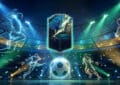 Vibrant digital art: boosted player card, glowing football, and blurred futuristic athletes in a high-energy, neon-lit stadium.