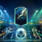 Vibrant digital art: boosted player card, glowing football, and blurred futuristic athletes in a high-energy, neon-lit stadium.