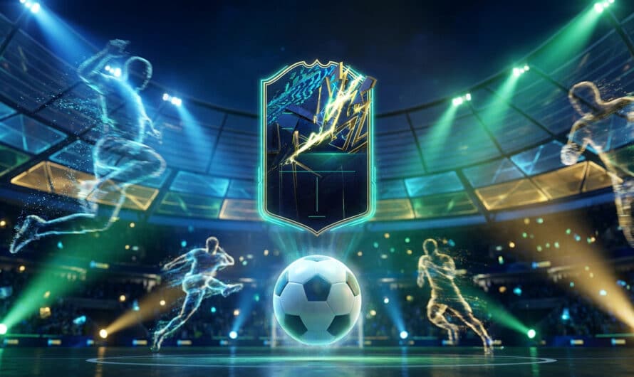 Vibrant digital art: boosted player card, glowing football, and blurred futuristic athletes in a high-energy, neon-lit stadium.
