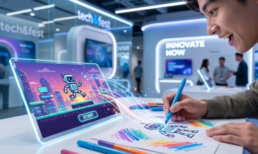 Excited person draws a robot game character on paper, magically transforming it into a vibrant 2D game on a digital screen at a tech fair.