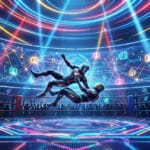 Two futuristic figures in a vibrant, neon-lit wrestling arena mid-air, performing an athletic maneuver. Digital graphics glow in the background.