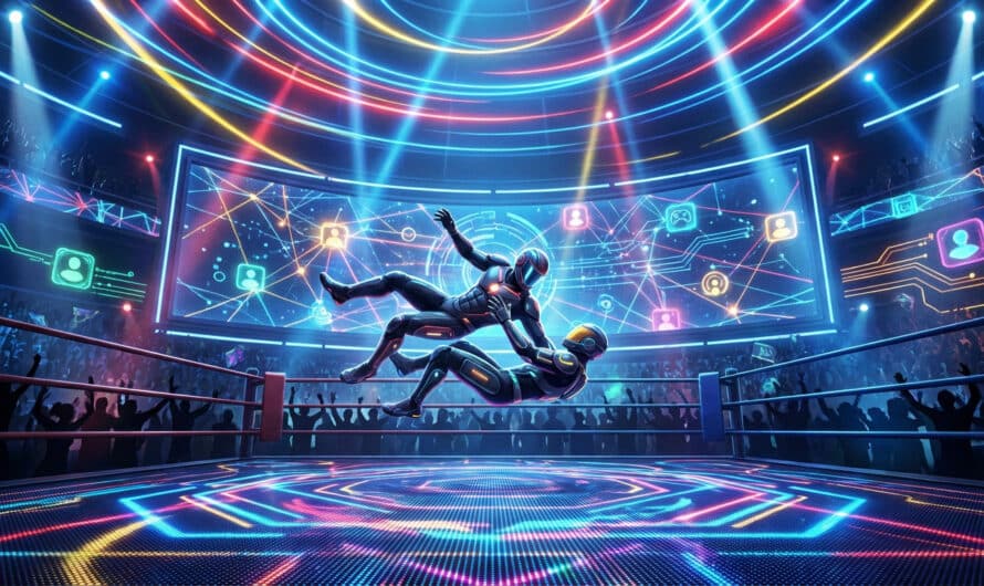 Two futuristic figures in a vibrant, neon-lit wrestling arena mid-air, performing an athletic maneuver. Digital graphics glow in the background.