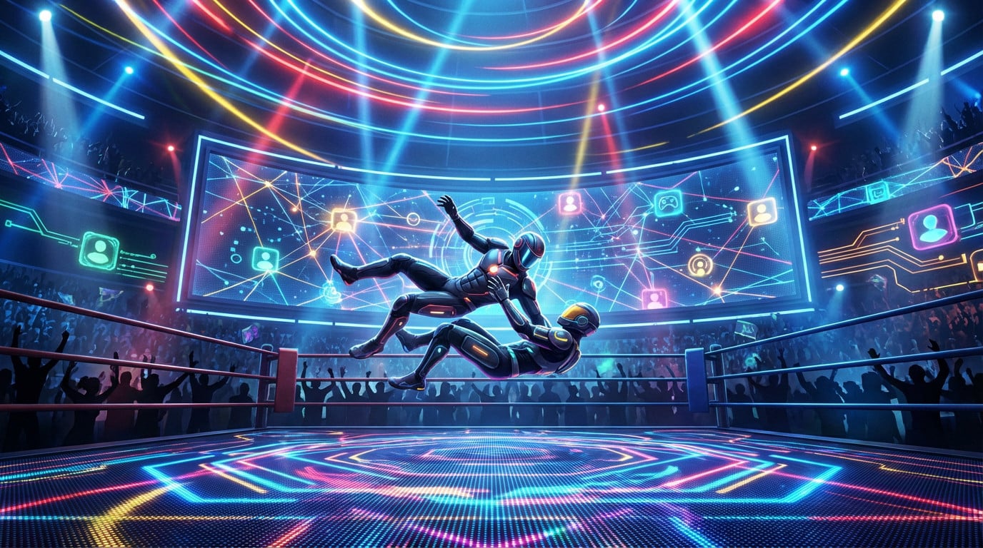 Two futuristic figures in a vibrant, neon-lit wrestling arena mid-air, performing an athletic maneuver. Digital graphics glow in the background.