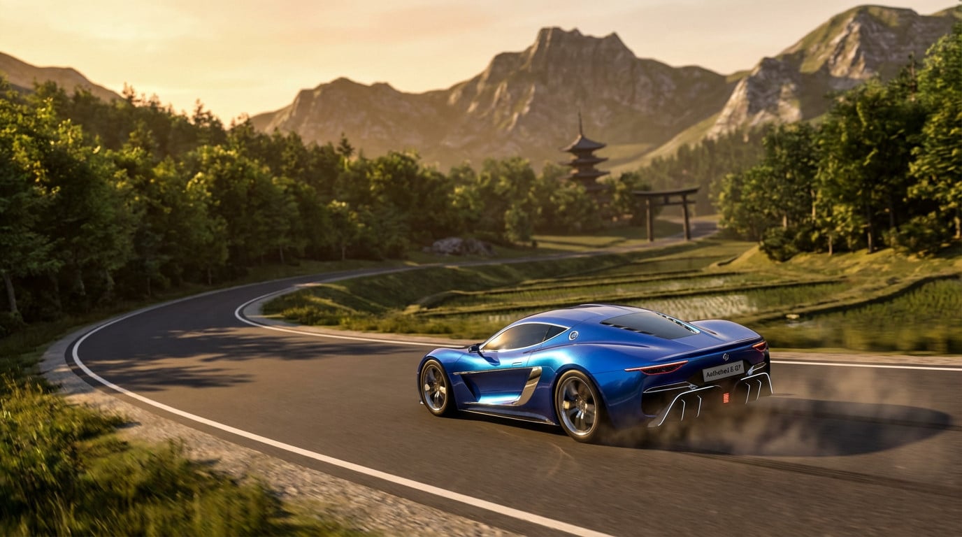A vibrant metallic electric blue hypercar speeds on a winding road in a lush Japanese mountain landscape at golden hour, with a pagoda and torii gate.