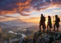 Photorealistic image of three heroes on a rocky cliff, surveying an epic fantasy world with castles, rivers, and mountains at sunset.