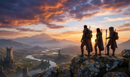 Photorealistic image of three heroes on a rocky cliff, surveying an epic fantasy world with castles, rivers, and mountains at sunset.