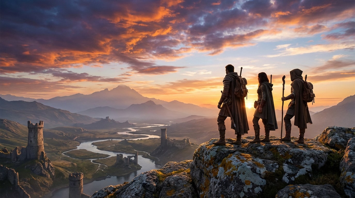 Photorealistic image of three heroes on a rocky cliff, surveying an epic fantasy world with castles, rivers, and mountains at sunset.