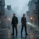 Two individuals stand alertly on a wet, foggy street in a dark, decaying city at night, one with a flashlight beam.