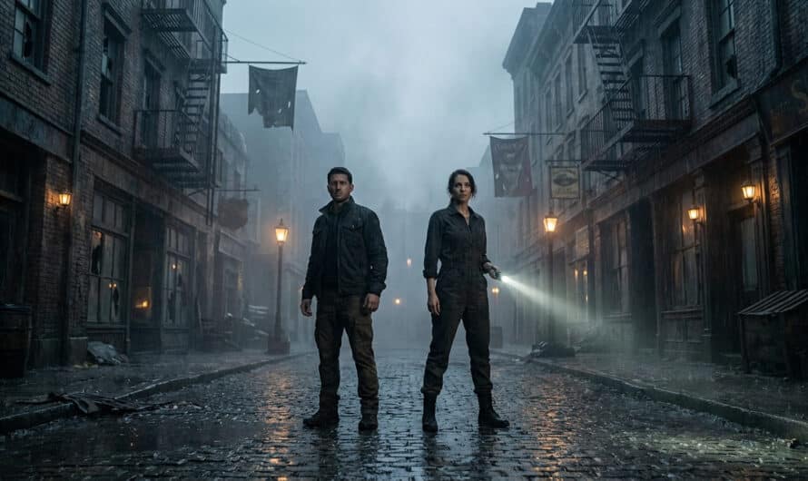 Two individuals stand alertly on a wet, foggy street in a dark, decaying city at night, one with a flashlight beam.