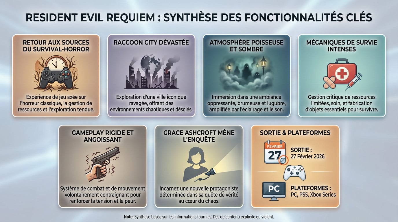 Synthèse des fonctionnalités clés de Resident Evil Requiem avec Grace Ashcroft et Leon Kennedy