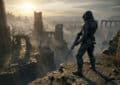 A lone warrior in dark combat armor with a glowing rifle stands on a cliff, surveying a vast, misty landscape of ancient ruins under a dramatic sky.