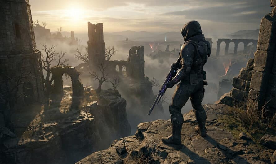 A lone warrior in dark combat armor with a glowing rifle stands on a cliff, surveying a vast, misty landscape of ancient ruins under a dramatic sky.