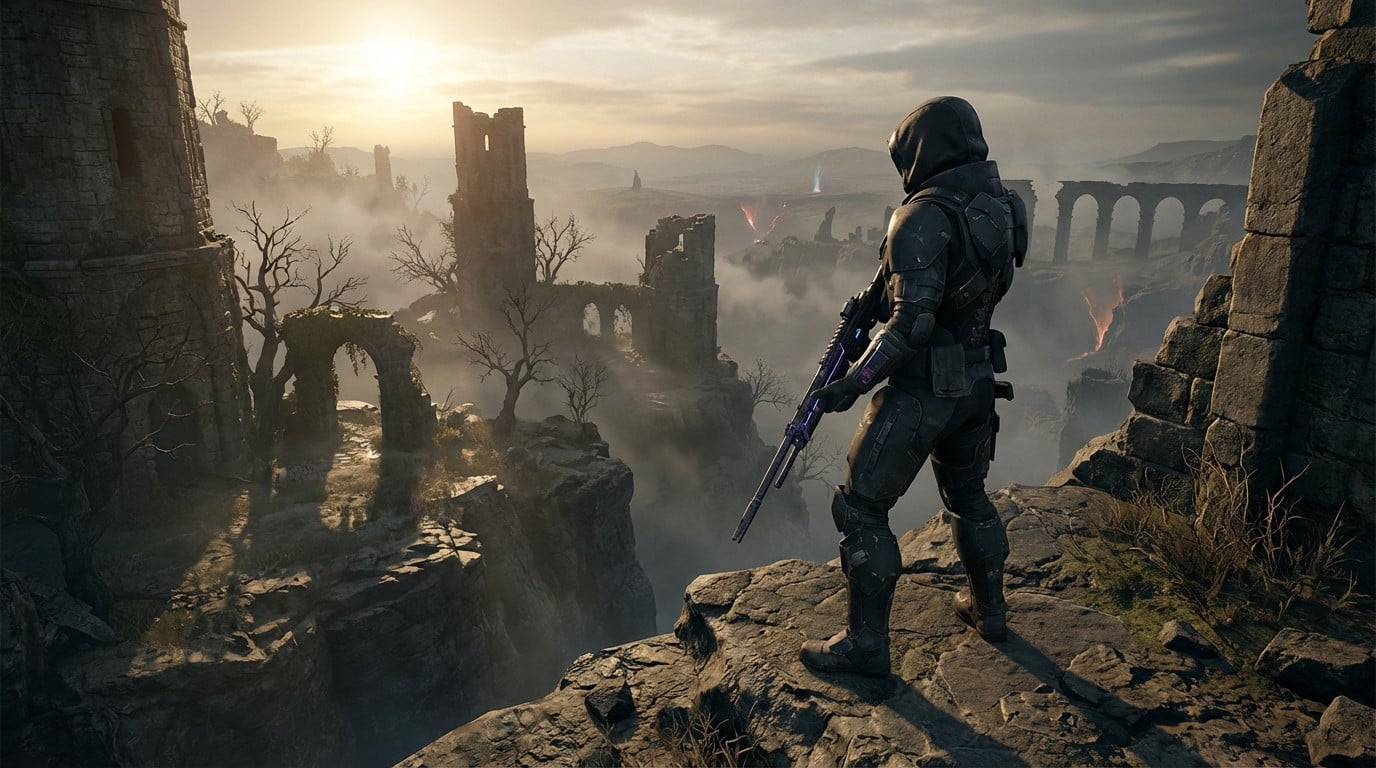 A lone warrior in dark combat armor with a glowing rifle stands on a cliff, surveying a vast, misty landscape of ancient ruins under a dramatic sky.