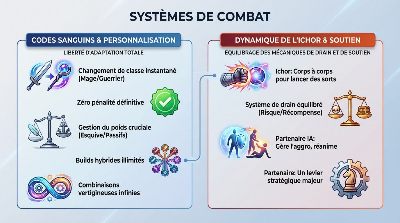 Interface de gestion des Codes Sanguins et combat dans Code Vein 2