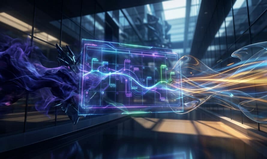 Futuristic holographic calendar, glowing blue, purple, green, flanked by dark energy on left and bright light trails on right, in a modern digital environment.