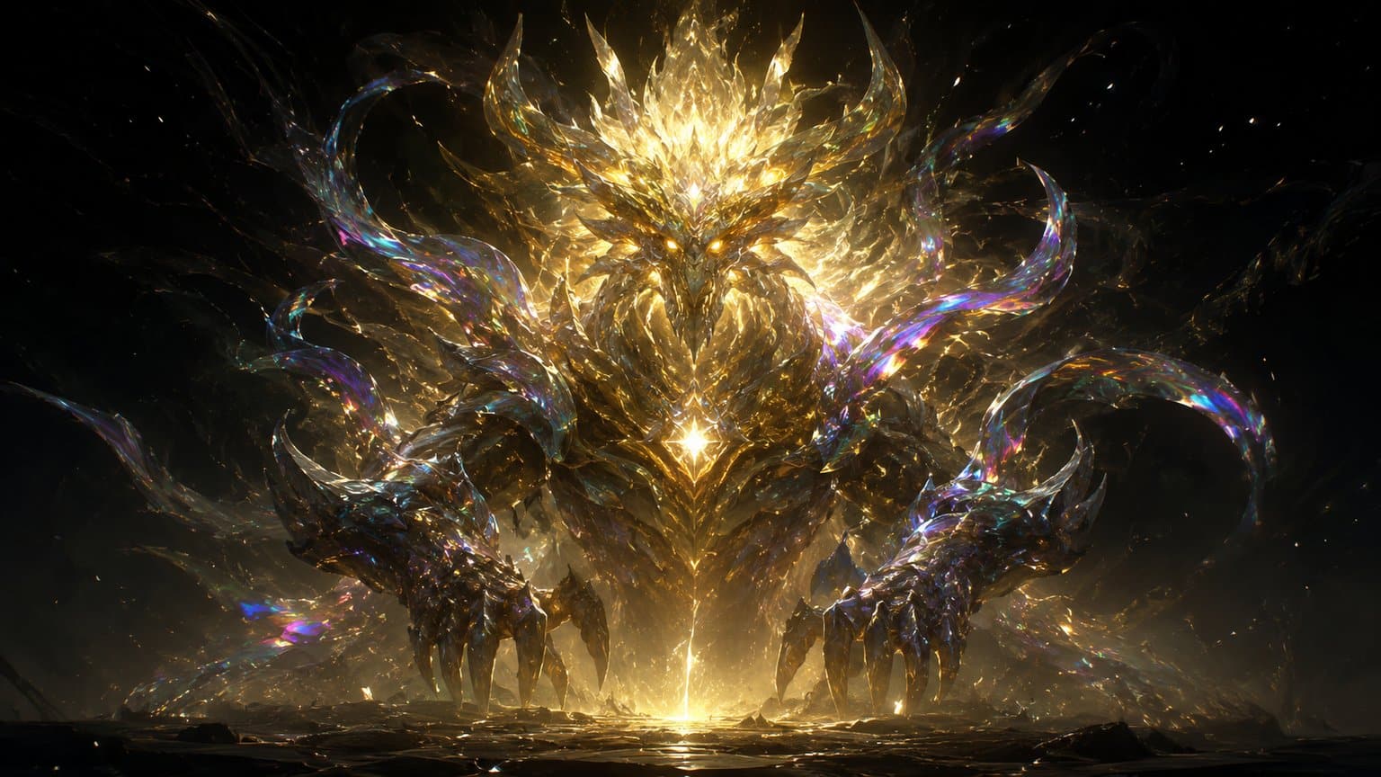 Créature de boss chromatique irradiant une lumière dorée intense dans les ténèbres, ambiance endgame