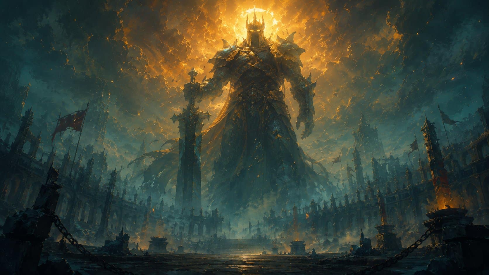 Boss colossal d'ombre cerné d'un halo doré dans une arène brumeuse, scène endgame d'Expedition 33