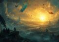 Build Expedition 33 : key-art cinematique, vaste paysage peint baigne d'une lumiere doree