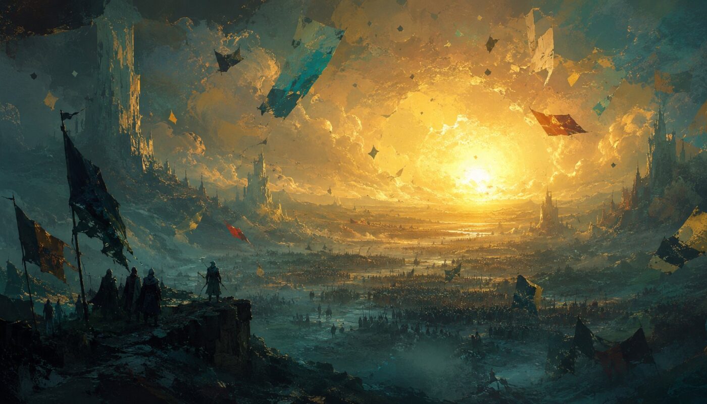 Build Expedition 33 : key-art cinematique, vaste paysage peint baigne d'une lumiere doree