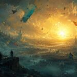 Build Expedition 33 : key-art cinematique, vaste paysage peint baigne d'une lumiere doree