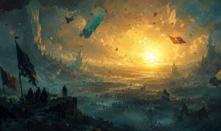 Build Expedition 33 : key-art cinematique, vaste paysage peint baigne d'une lumiere doree