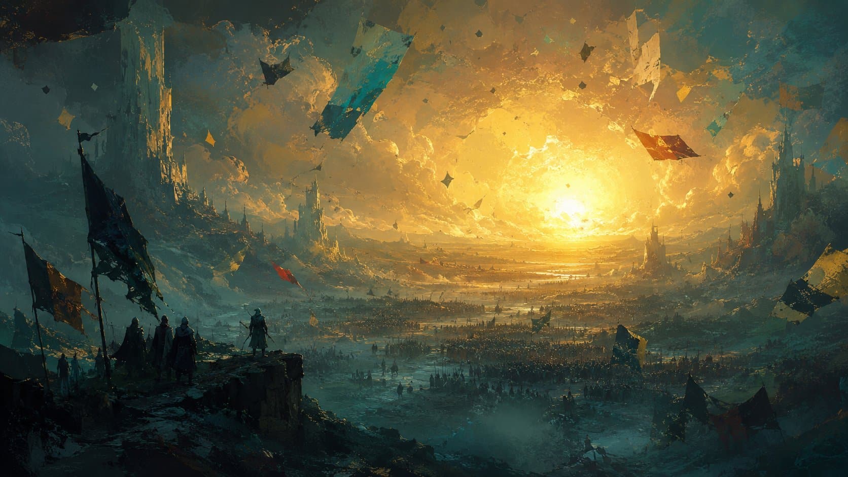 Build Expedition 33 : key-art cinematique, vaste paysage peint baigne d'une lumiere doree