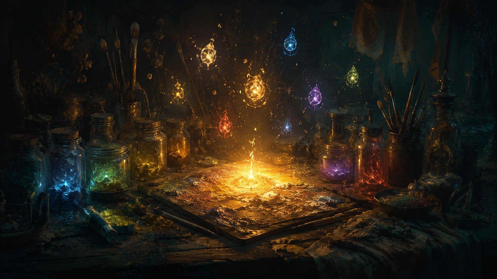 Atelier de peinture baigné d'une lumière dorée, illustrant le système de Pictos et Lumina d'Expedition 33