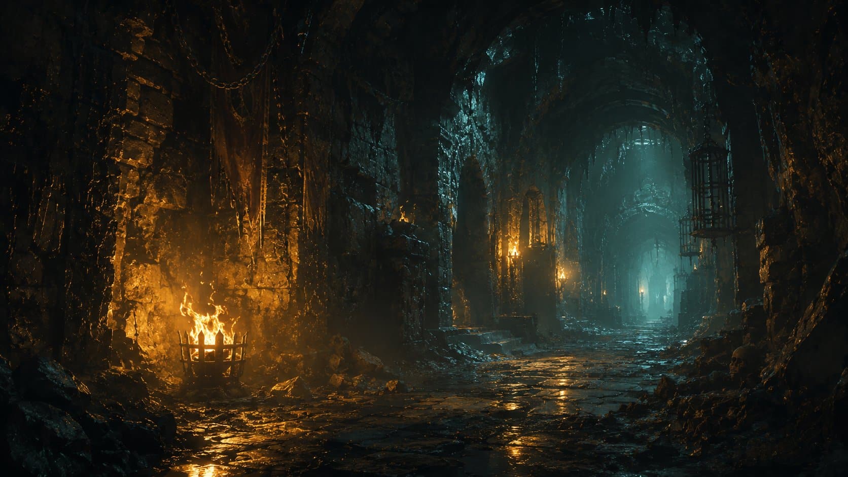 Couloir souterrain d'un donjon Dofus éclairé par une lumière dorée, ambiance de la grotte du Bworker