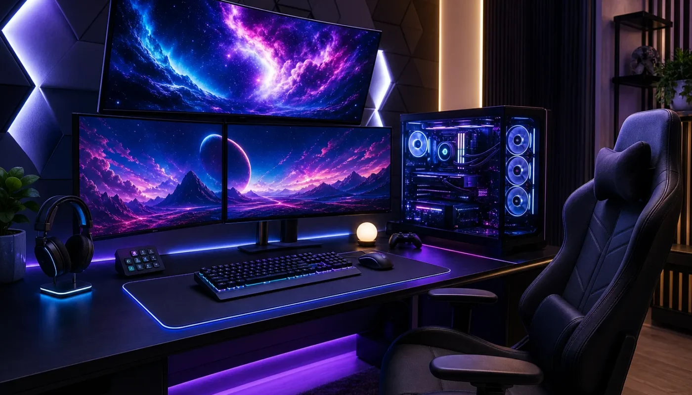 Configuration gaming PC moderne avec écran et accessoires pour 2026