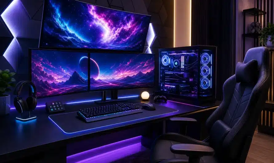 Configuration gaming PC moderne avec écran et accessoires pour 2026