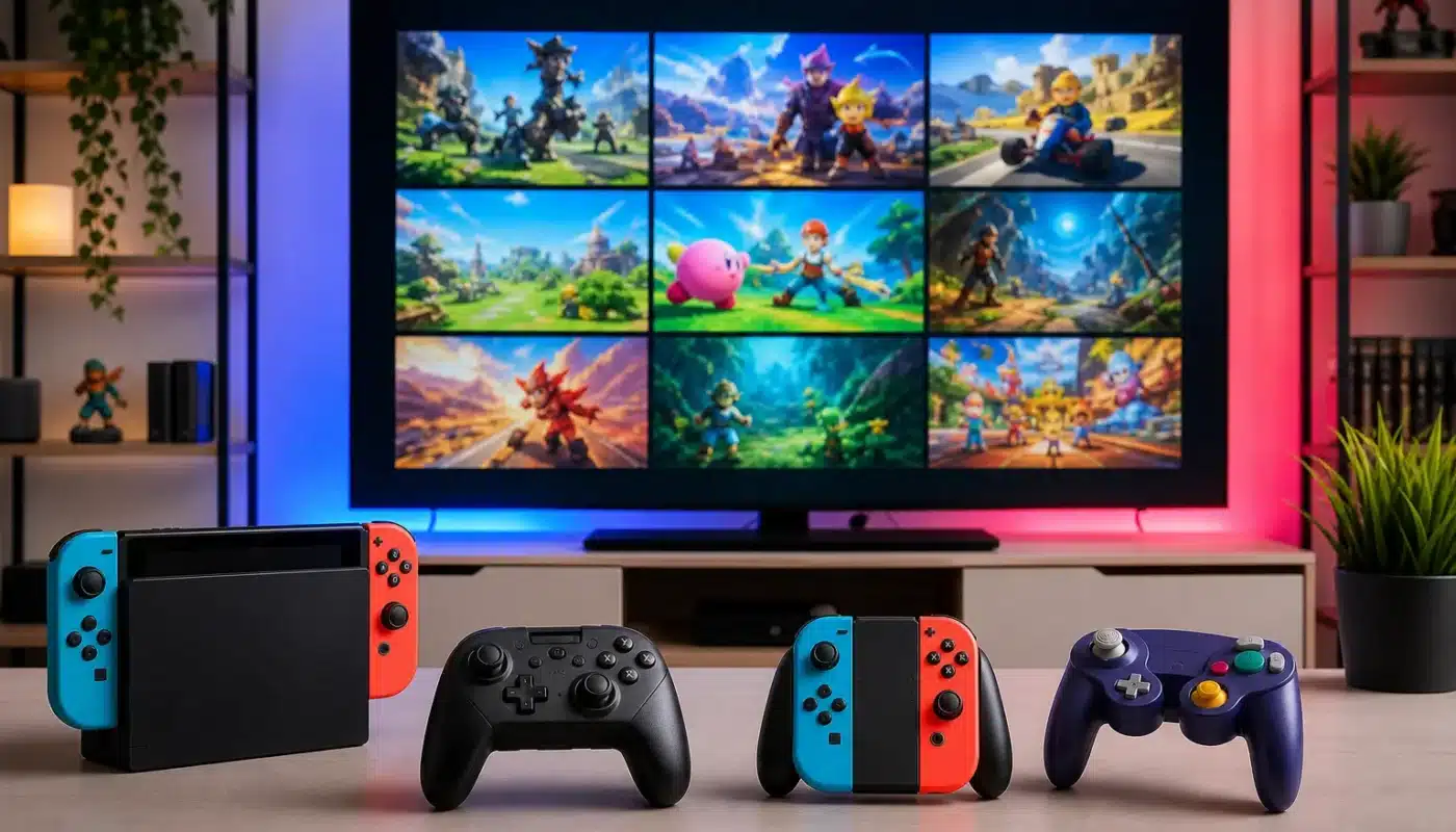 Console Nintendo Switch avec jeux gratuits affichés à l'écran