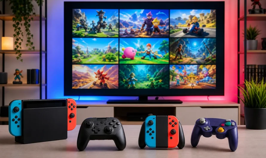 Console Nintendo Switch avec jeux gratuits affichés à l'écran