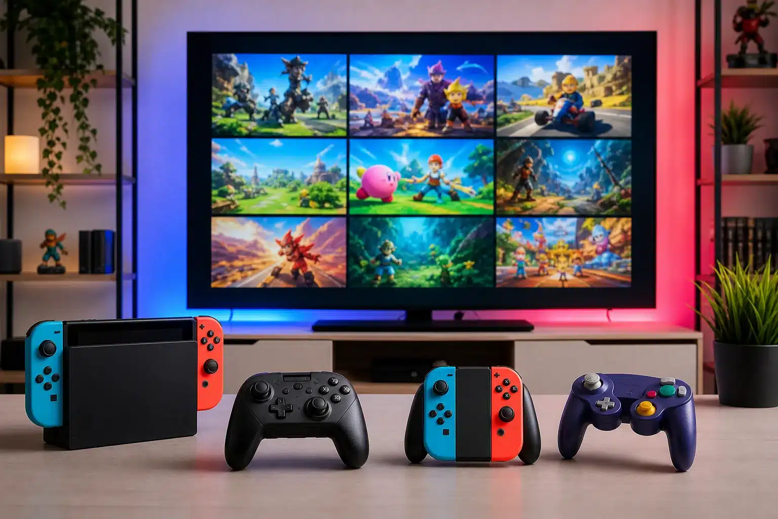 Console Nintendo Switch avec jeux gratuits affichés à l'écran