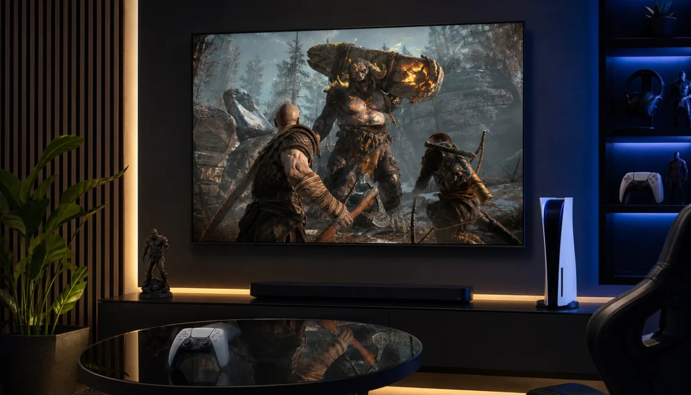 Console PS5 avec manettes et jeux vidéo modernes en 2026