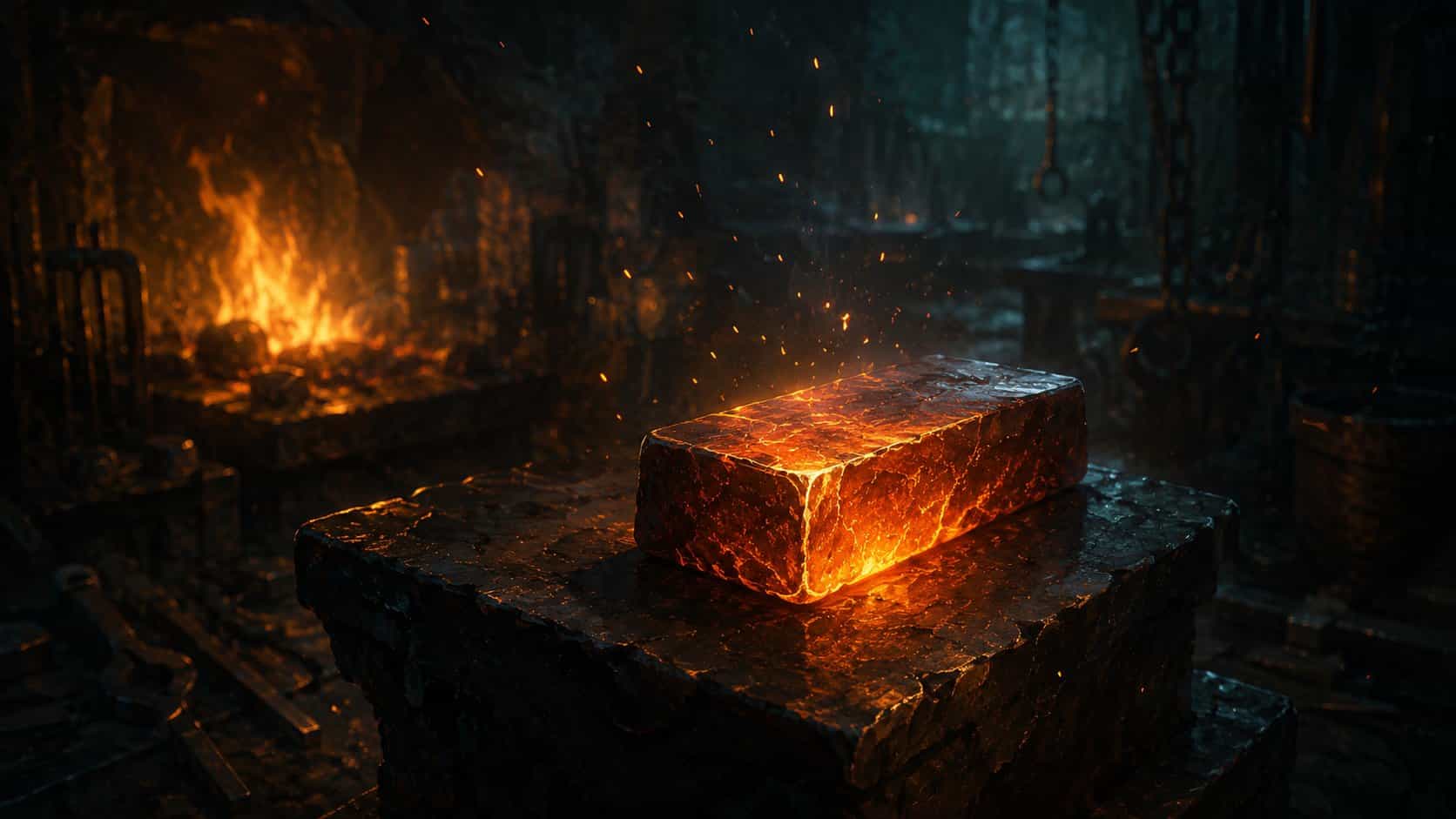 Forge sombre dans Minecraft avec un lingot de Netherite rougeoyant et des étincelles dorées
