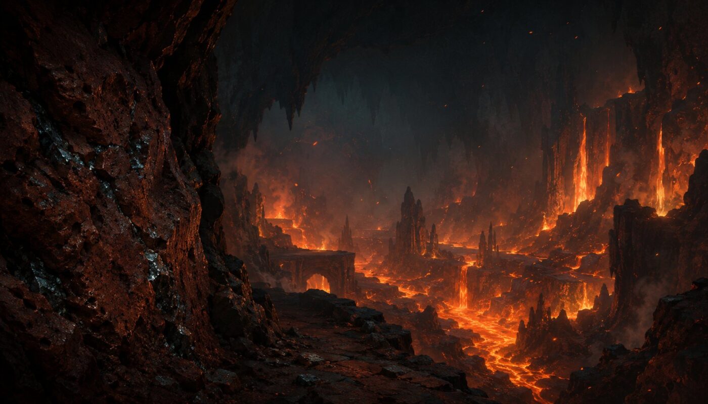 Caverne volcanique du Nether avec coulées de lave dorées, où trouver la Netherite dans Minecraft