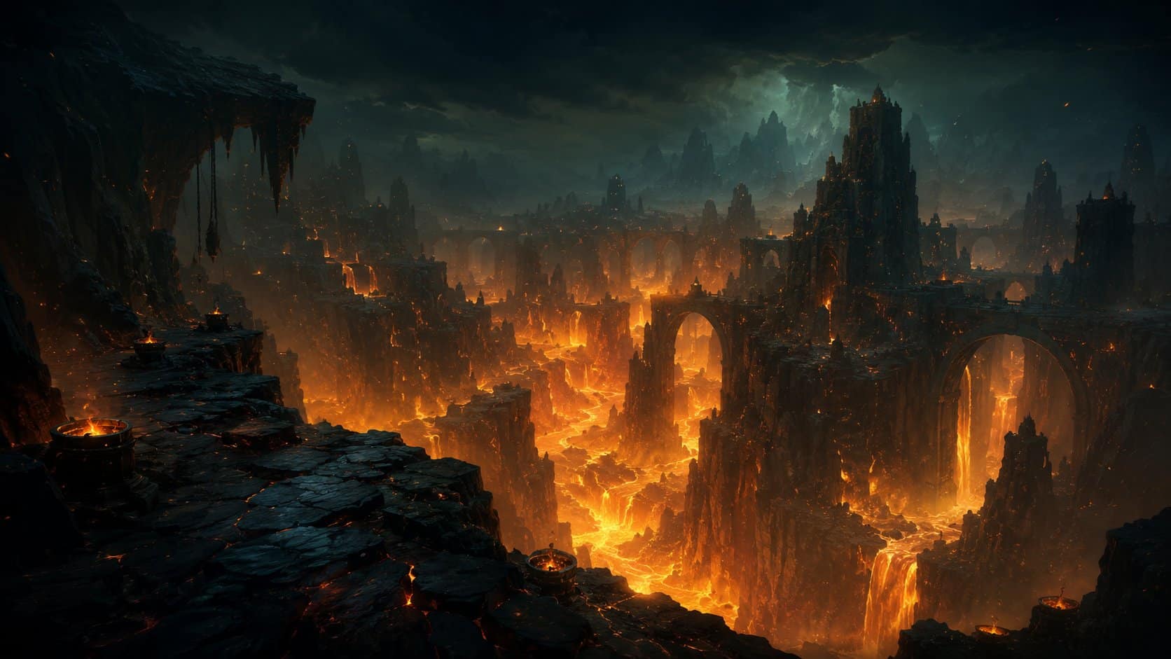 Paysage du Nether dans Minecraft : caverne sombre et mer de lave dorée au loin
